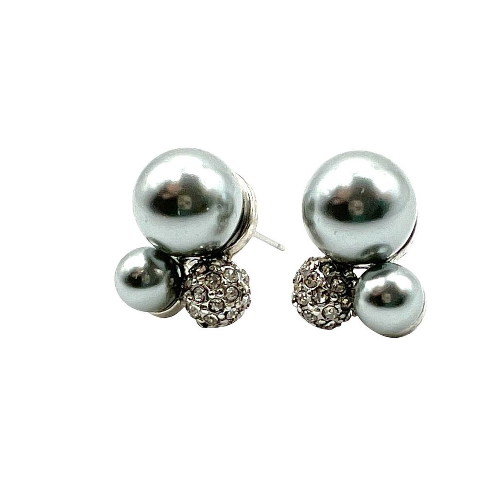 Vtg Cluster Stud Earrings Rhinestone Silver Tone Pave Polished Orbs Retro Glam
